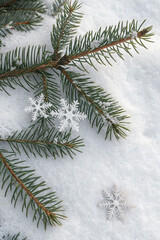 Obraz premium Pine branches with snowflakes on snow needles green