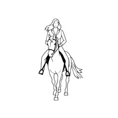 Black and white line art of a beautiful woman with perfect body riding horse elegant minimalist illustration