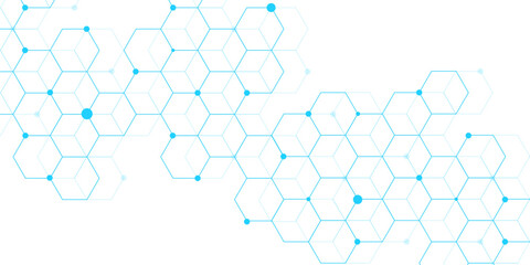 Molecular structure abstract tech background. Geometric blue background. Vector banner design with hexagons. Science network pattern, connecting lines and dots Medical background, Vector illustration.