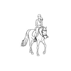 Black and white line art of a beautiful woman with perfect body riding horse elegant minimalist illustration