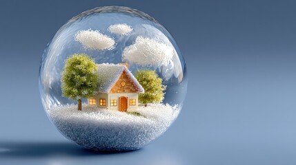 Crystal sphere, snow-covered home, winter scene