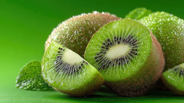 Fresh kiwi slices with water droplets and mint leaves