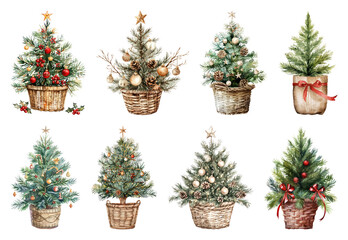 PNG Festive potted Christmas trees illustration, element set on transparent background