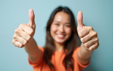 Woman holding two thumbs up into the air. High quality