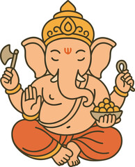 Ganesha Cartoon Illustration With Axe, Spoon, And Bowl Of Laddus In Meditative Pose