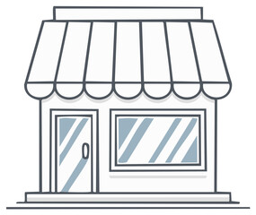 Simple sketch of a small store with awning, door, and display window, isolated.