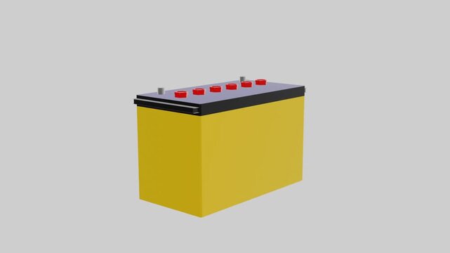 3d lead-acid car rechargeable battery rotating with cinematic camera view animation on the white background, 4K vehicle Sli battery spinning on light backdrop, high-resolution rendering