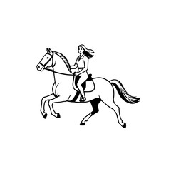 Black and white line art of a beautiful woman with perfect body riding horse elegant minimalist illustration