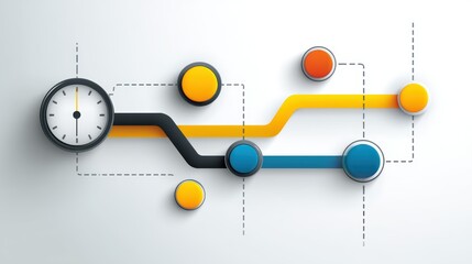 Time management visualization, clock surrounded by symbolic circles representing tasks or deadlines