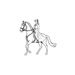 Fototapeta premium Black and white line art of a beautiful woman with perfect body riding horse elegant minimalist illustration