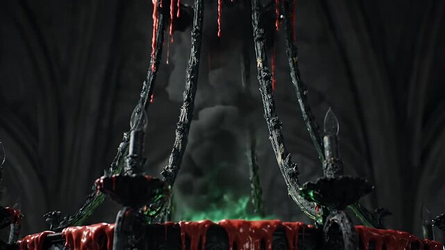A dark, ancient chandelier drips with vibrant red wax over a mysterious green glowing cauldron emitting eerie smoke in a gothic chamber.
