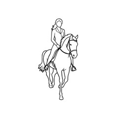 Black and white line art of a beautiful woman with perfect body riding horse elegant minimalist illustration