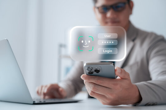 secure login using face recognition and biometric authentication on smartphone. Businessman accessing system with password and Face ID for data protection and privacy.