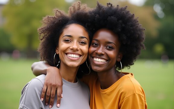 Close-up of two multiethnic happy pretty woman friends hugging each other in the park. High quality