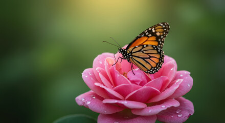 Fototapeta premium Monarch butterfly on pink rose