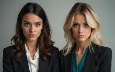 Portrait of two angry young smartly dressed women. High quality