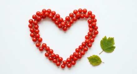 Obraz premium Heart Shape Created with Red Berries Surrounded by Fresh Green Leaves on White Background