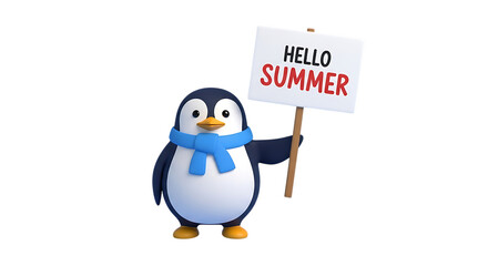 Adorable penguin with a scarf welcoming summer with a sign, perfect for seasonal marketing campaigns and cheerful holiday greetings for kids and families