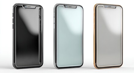 Three smartphones in black, light teal, and light gray