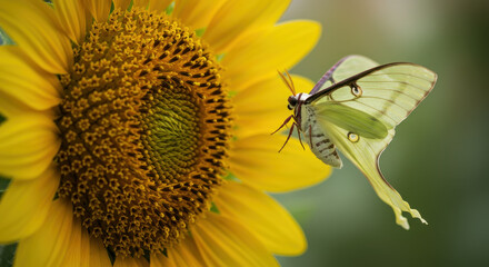 Pale green moth on sunflower
