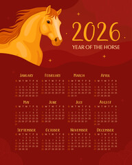 Calendar 2026. 12 months, starting from Sunday. New Year of the Horse, Lunar New Year or Chinese New Year. Yellow fiery horse on a dark red background. Horse head.