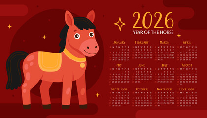 Calendar 2026. 12 months, starting from Sunday. Cute red horse on dark red background. New Year of the Horse, Lunar New Year or Chinese New Year.