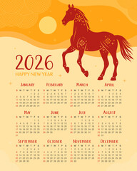 Calendar 2026. 12 months, starting from Sunday. Paper applique, red horse on a yellow background. New Year of the Horse, Lunar New Year or Chinese New Year.