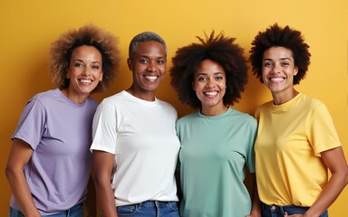 Mature happy multiracial women wearing t-shirts posing at camera. High quality