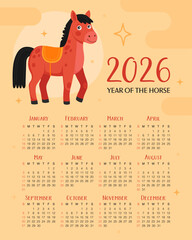 Calendar 2026. 12 months, starting from Sunday. Cute red horse on light yellow background. New Year of the Horse, Lunar New Year or Chinese New Year.