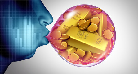 Gold Market Bubble and Economic bullion price fear as a balloon ready to burst and stock market speculation concept or overvalued economy as a financial crisis and inflated golden commodity prices.