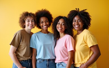 Mature happy multiracial women wearing t-shirts posing at camera. High quality