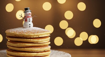Festive Stack of Pancakes with Snowman Decoration and Soft Bokeh Lights for Holiday Eating and Celebrations
