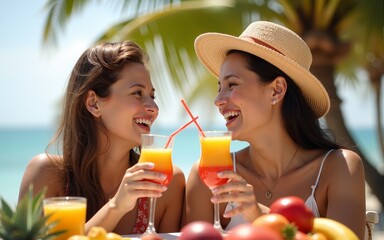 Two smiling women enjoying tropical drinks and fresh fruits in a sunny setting. High quality