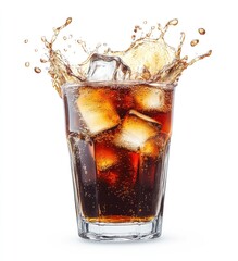 Sparkling cola in a glass with ice cubes and splashes