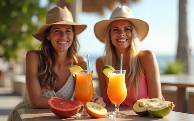 Two smiling women enjoying tropical drinks and fresh fruits in a sunny setting. High quality