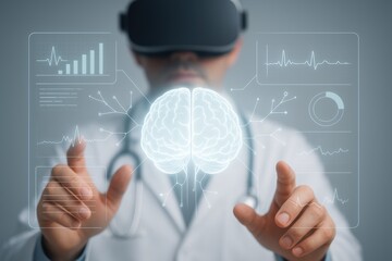VR Doctor: A doctor in a crisp white coat, immersed in virtual reality, interacts with a holographic brain, symbolizing the future of medical diagnosis and treatment.