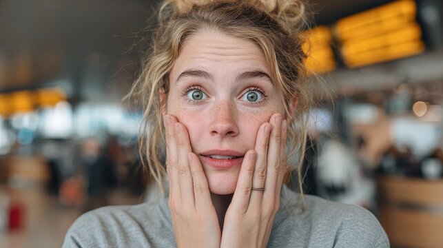 Expressive young woman gasps with wide eyes, hands on cheeks, surprised. Use for depicting shock, joy, disbelief, or intense emotion.