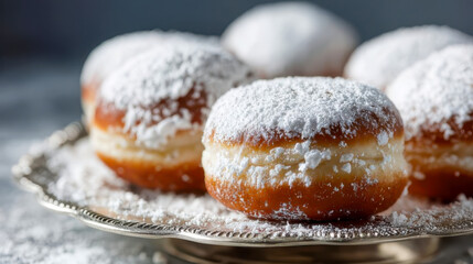 Delicious sufganiyot covered with powdered sugar resting on a silver tray