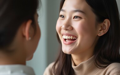 Close up of a smiling asian woman talking to her girl. High quality