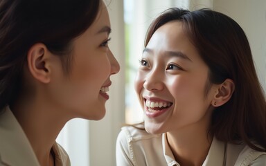 Close up of a smiling asian woman talking to her girl. High quality