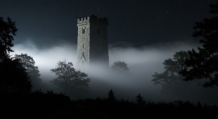 Stone tower rises above fog amidst silhouetted trees under a starry night sky