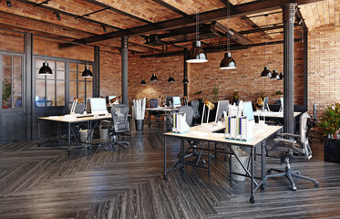 Modern industrial office interior with an open-plan workspace. Loft style design with exposed brick walls and dark wood floors. Contemporary workplace concept. 3D rendering.