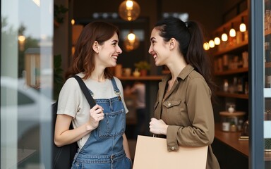 two women shopping in cafe. High quality