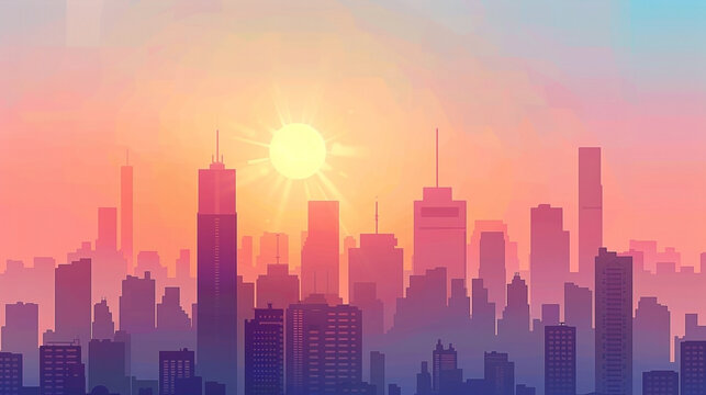 Graphic cityscape illustration with bright sun and warm, soothing color palette