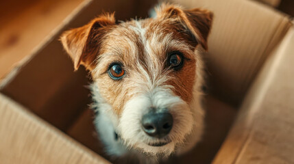Obraz na płótnie Canvas Cute jack russell terrier dog waiting in cardboard box
