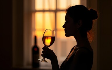 silhouette of woman with glass of wine. High quality