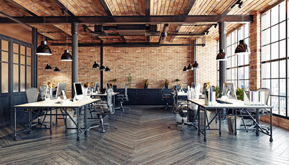 Modern industrial loft office interior. Empty open-plan workspace with brick walls and wooden floors. 3D rendering of a contemporary co-working space.