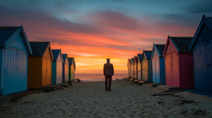 Businessman walking on beach at sunrise near Brighton Beach boxes in Melbourne, Australia