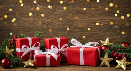 Festive Red Gift Boxes with White Ribbons Surrounded by Greenery and Sparkling Christmas Lights
