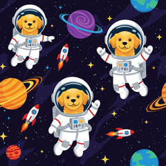 Adorable golden retriever astronauts explore space with planets and rockets Kids pattern